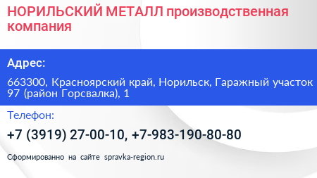 НОРИЛЬСКИЙ МЕТАЛЛ производственная компания - визитка