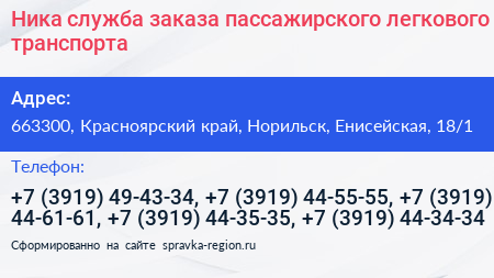 Ника служба заказа пассажирского легкового транспорта - визитка