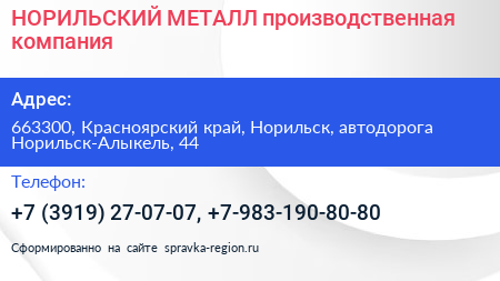 НОРИЛЬСКИЙ МЕТАЛЛ производственная компания - визитка