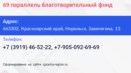 69 параллель благотворительный фонд - визитка