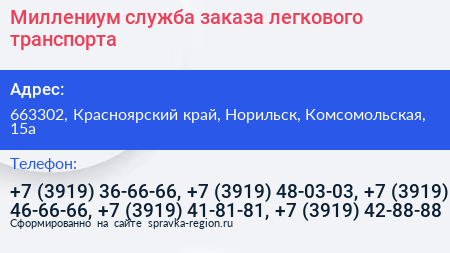 Миллениум служба заказа легкового транспорта - визитка