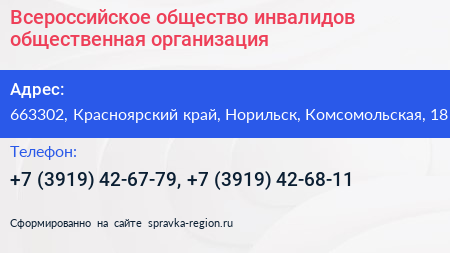 Всероссийское общество инвалидов общественная организация - визитка