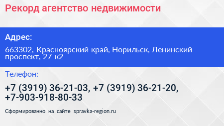 Рекорд агентство недвижимости - визитка