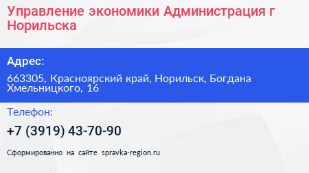 Управление экономики Администрация г Норильска - визитка