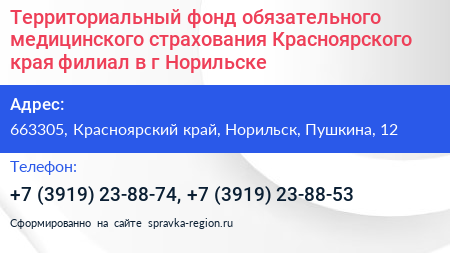 Территориальный фонд обязательного медицинского страхования Красноярского края филиал в г Норильске - визитка