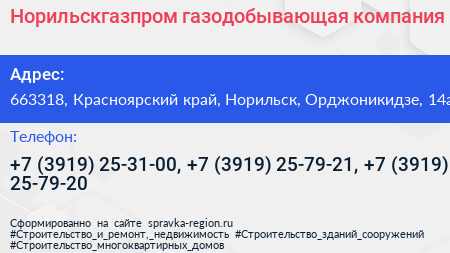 Норильскгазпром газодобывающая компания - визитка