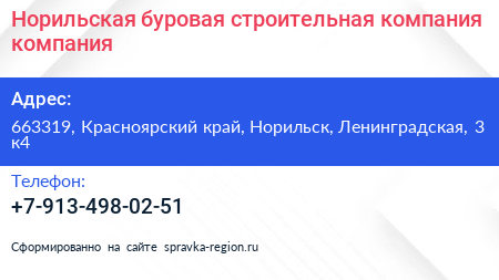 Норильская буровая строительная компания компания - визитка