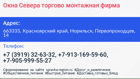 Окна Севера торгово монтажная фирма - визитка