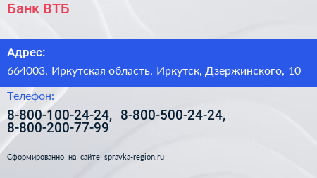 Банк ВТБ - визитка
