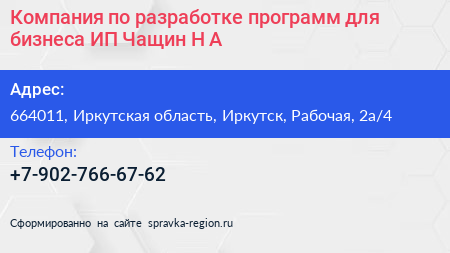 Компания по разработке программ для бизнеса ИП Чащин Н А  - визитка