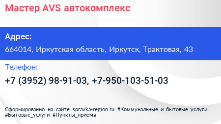 Мастер AVS автокомплекс - визитка