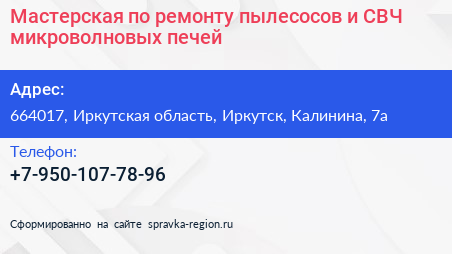 Мастерская по ремонту пылесосов и СВЧ микроволновых печей - визитка