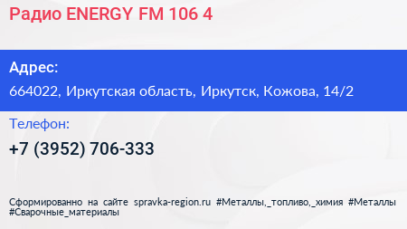 Радио ENERGY FM 106 4 - визитка