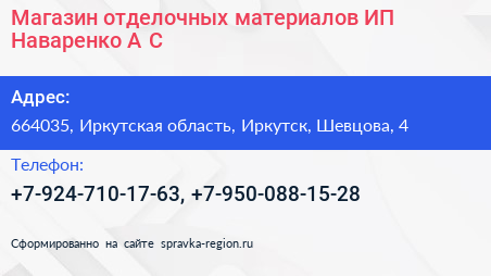 Магазин отделочных материалов ИП Наваренко А С  - визитка