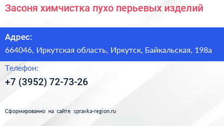 Засоня химчистка пухо перьевых изделий - визитка