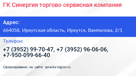 ГК Синергия торгово сервисная компания - визитка