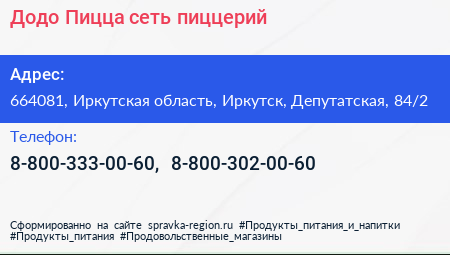 Додо Пицца сеть пиццерий - визитка