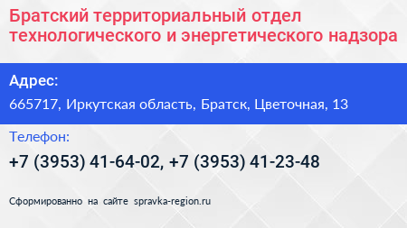Братский территориальный отдел технологического и энергетического надзора - визитка