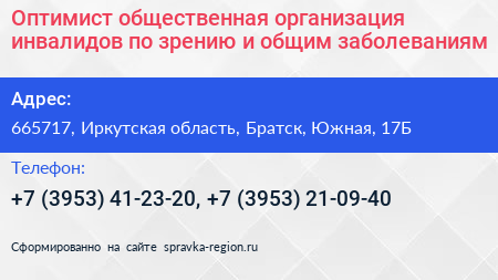 Оптимист общественная организация инвалидов по зрению и общим заболеваниям - визитка