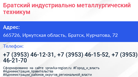 Братский индустриально металлургический техникум - визитка