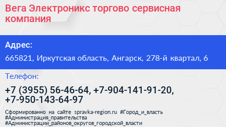 Вега Электроникс торгово сервисная компания - визитка