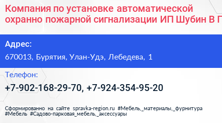 Компания по установке автоматической охранно пожарной сигнализации ИП Шубин В Г  - визитка