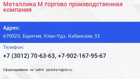 Металлика М торгово производственная компания - визитка