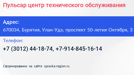 Пульсар центр технического обслуживания - визитка