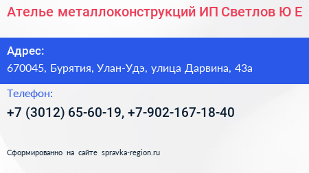 Ателье металлоконструкций ИП Светлов Ю Е  - визитка