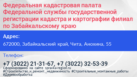 Федеральная кадастровая палата Федеральной службы государственной регистрации кадастра и картографии филиал по Забайкальскому краю - визитка