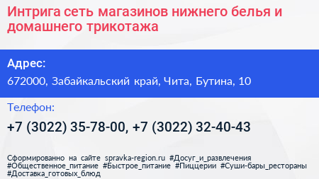 Интрига сеть магазинов нижнего белья и домашнего трикотажа - визитка