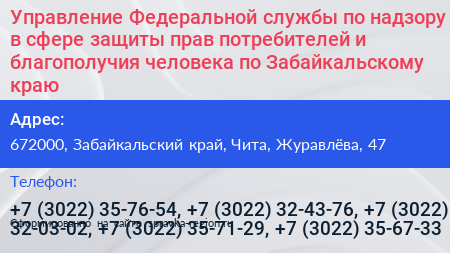 Управление Федеральной службы по надзору в сфере защиты прав потребителей и благополучия человека по Забайкальскому краю - визитка