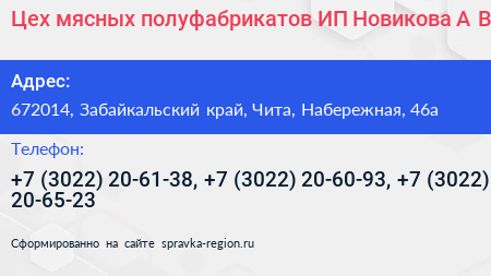 Цех мясных полуфабрикатов ИП Новикова А В  - визитка