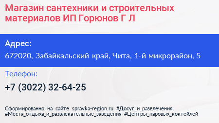 Магазин сантехники и строительных материалов ИП Горюнов Г Л  - визитка
