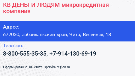 КВ ДЕНЬГИ ЛЮДЯМ микрокредитная компания - визитка
