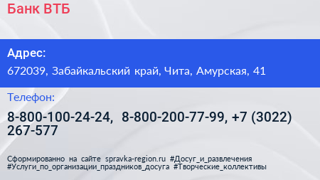 Банк ВТБ - визитка