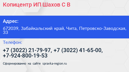 Копицентр ИП Шахов С В  - визитка