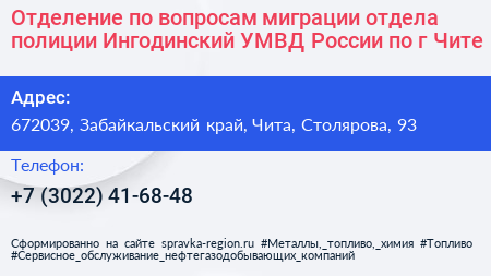 Отделение по вопросам миграции отдела полиции Ингодинский УМВД России по г Чите - визитка