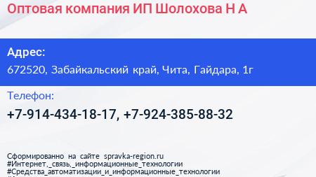 Оптовая компания ИП Шолохова Н А  - визитка