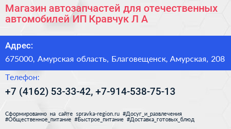 Магазин автозапчастей для отечественных автомобилей ИП Кравчук Л А  - визитка