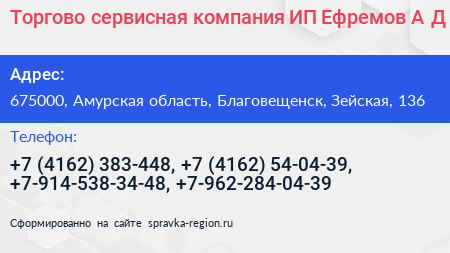 Торгово сервисная компания ИП Ефремов А Д  - визитка
