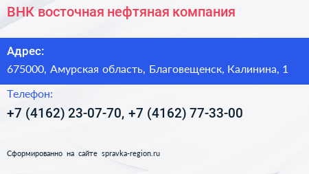 ВНК восточная нефтяная компания - визитка