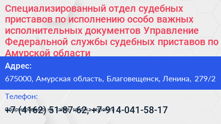 Специализированный отдел судебных приставов по исполнению особо важных исполнительных документов Управление Федеральной службы судебных приставов по Амурской области - визитка