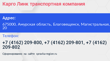 Карго Линк транспортная компания - визитка
