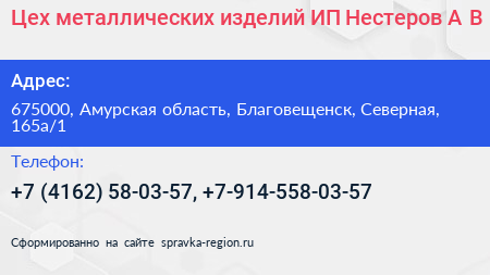 Цех металлических изделий ИП Нестеров А В  - визитка