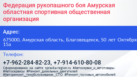 Федерация рукопашного боя Амурская областная спортивная общественная организация - визитка