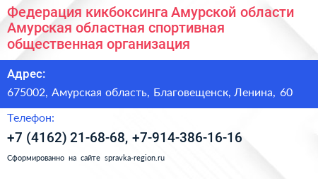 Федерация кикбоксинга Амурской области Амурская областная спортивная общественная организация - визитка