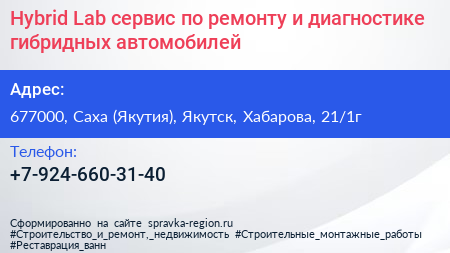 Hybrid Lab сервис по ремонту и диагностике гибридных автомобилей - визитка