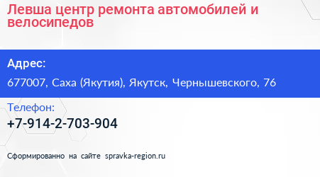 Левша центр ремонта автомобилей и велосипедов - визитка