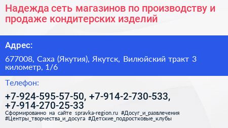 Надежда сеть магазинов по производству и продаже кондитерских изделий - визитка